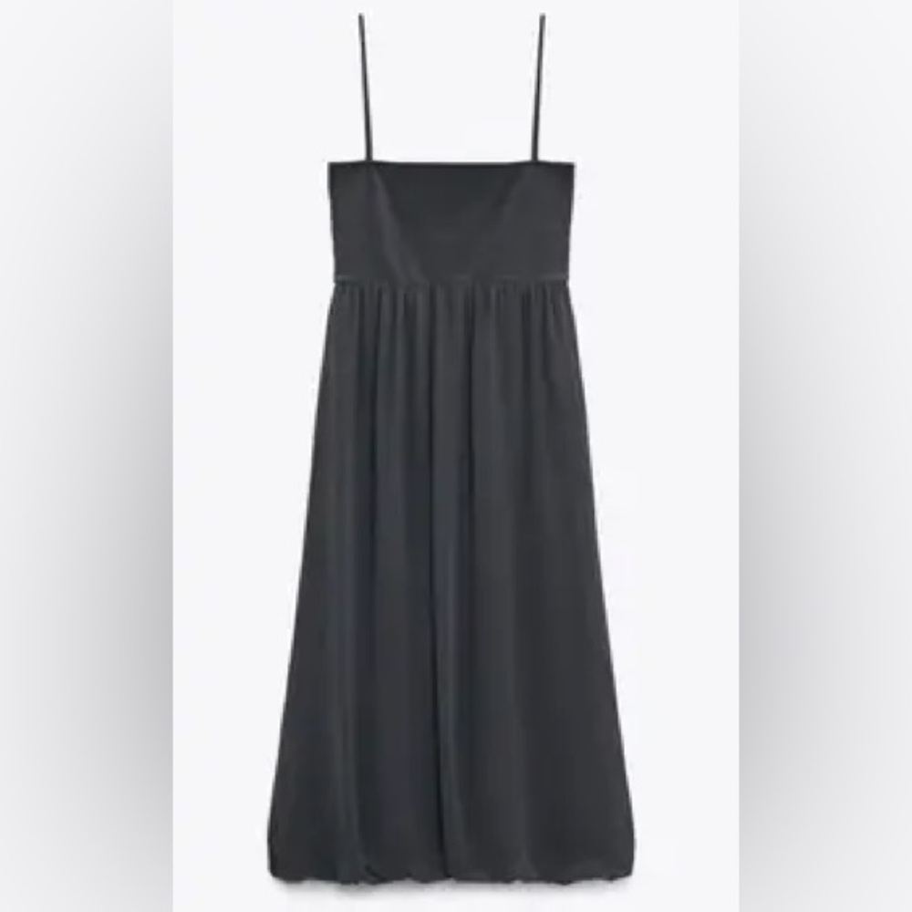 NEW Zara Dark Gray Midi Dress with Spaghetti Straps Bubble Skirt - Size Small